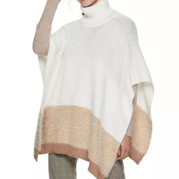 NWT Apt.9 One Size  Color Block White Beige Tan Turtleneck Women's Ponchoby - Picture 1 of 9